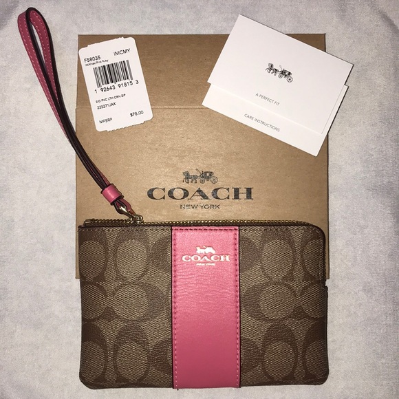 Coach Handbags - NWT! Signature Coach wristlet 😎 Khaki/Pink Ruby